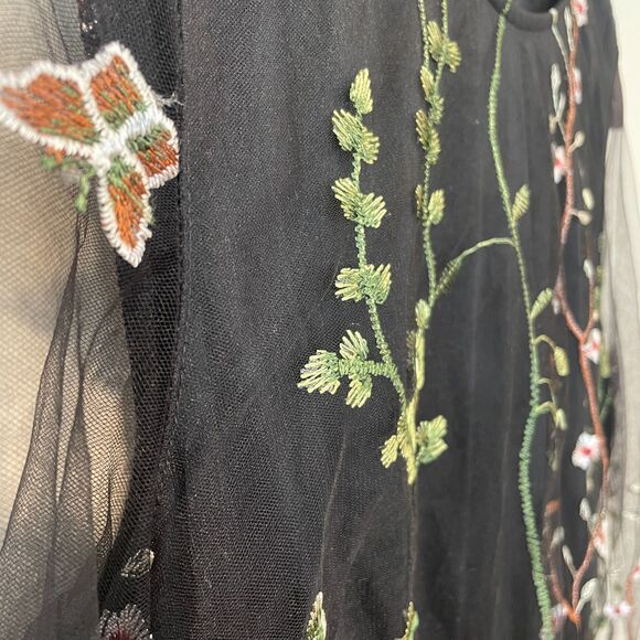 ~ Lg Floral Boho Sheer Dress Botanical Black Flowers Long Sleeve Bohemian Knee - Picture 5 of 14